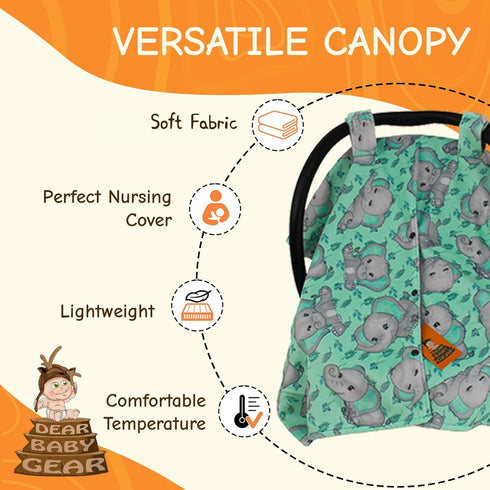 Dear Baby Gear Car Seat Canopy, Premium Infant Car Seat Cover, Breathable Canopy for Boys, Gray Elephants