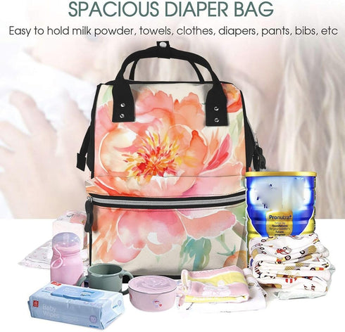 FHEDVBN Backpack Mummy Backpacks Daypack Peach Peony Diaper Bag for Women Multifunction Waterproof for Mom Dad, Large