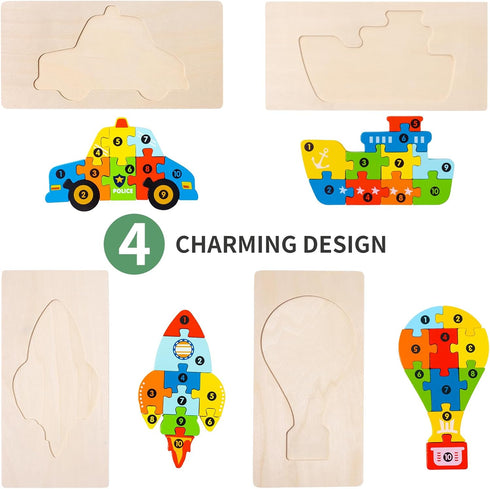 6 Pack Wooden Vehicle Toddler Puzzles for Kids Ages 2-6, Montessori Toys for Learning Jigsaw
