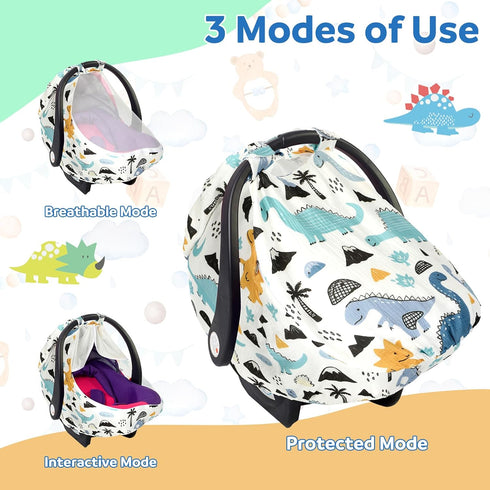 Fiwochic Dinosaurs Carseat Cover Baby Infant Car Seat Canopy Breathable Cotton Extra Large Mesh Window Windproof