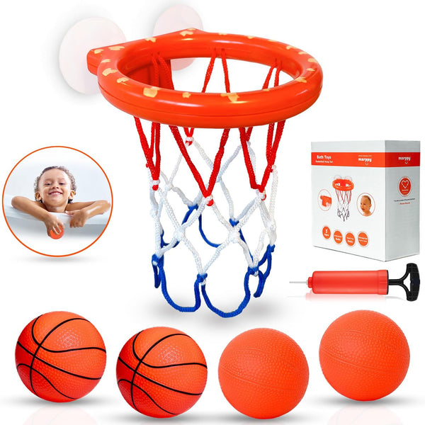 Bath Toys - Bathtub Basketball Hoop for Toddlers, Shower Toys with 4 Soft Balls, Mold Free, Strong Suction Cup