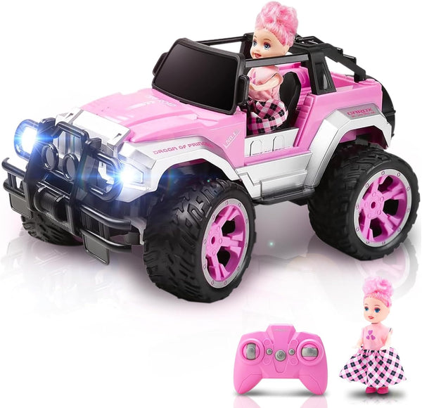 Carox Remote Control Car for Girls, 160 mins Pink RC Convertible Truck with Doll & Sticker, 1:16 Scale, Ages 4-12