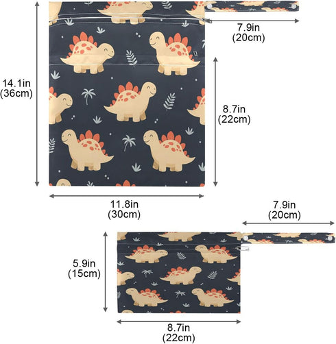 Burbuja 2 Pack, 2 Dinosaurs Wet Dry Bags for Baby Cloth Diaper Waterproof Reusable Wet Bag with Zippered Pockets