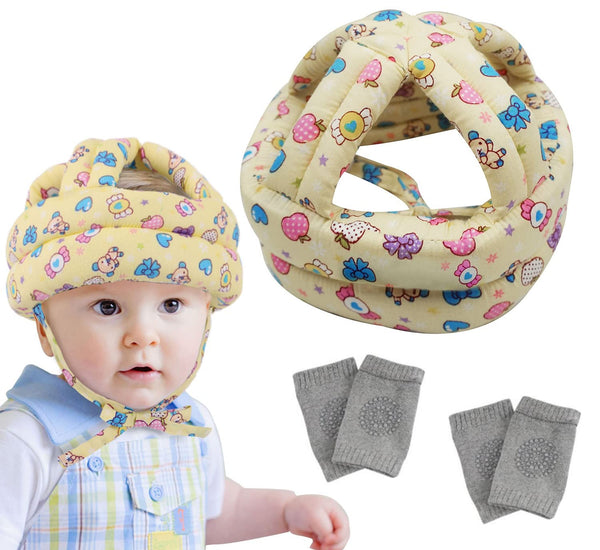 Baby Safety Helmet with 2 Pairs Crawling Knee Pads, Adjustable Soft Protective Cap Hat for Toddler (Yellow)