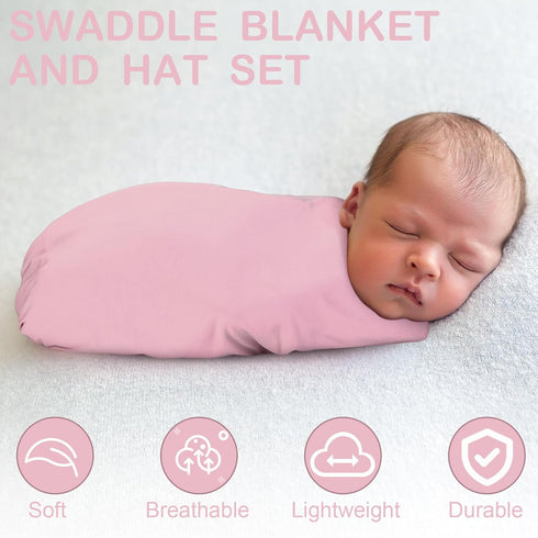 2 Set 47" 47" JaGely Pcs Stretchy Baby Swaddle Blankets Extra Soft x Baby Newborn Swaddle Blanket and Hat(Pink, Light