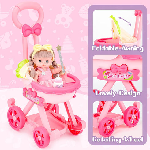deAO Baby Doll Stroller with 12 Inch Doll, Foldable Stroller Role Play Set with 16 PCS Accessories for Kids