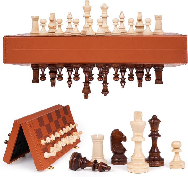 GenJuw 15 Inch Magnetic Chess Set with Leather Chess Board & Handle Portable