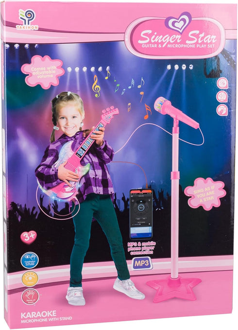 Set TAKIHON Guitar and Microphone for Kids,Guitar Toys with Music&Colorful Light,Adjustable Height Microphone