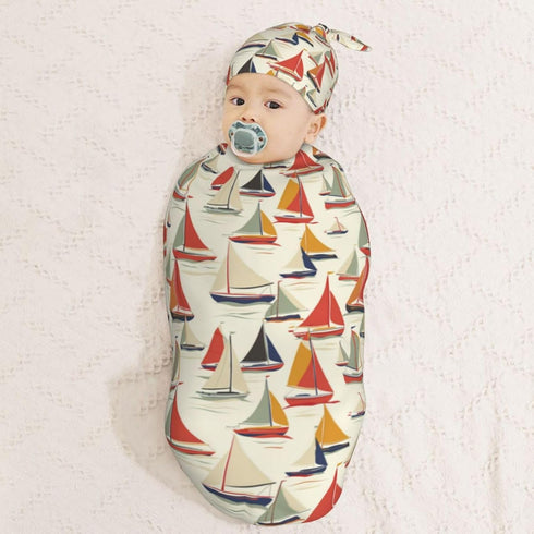 Sailboats Sets Cartoon Newborn Swaddle Blankets Hat Soft Baby Receiving Blanket Swaddle Sack for Baby Shower Infant Boy