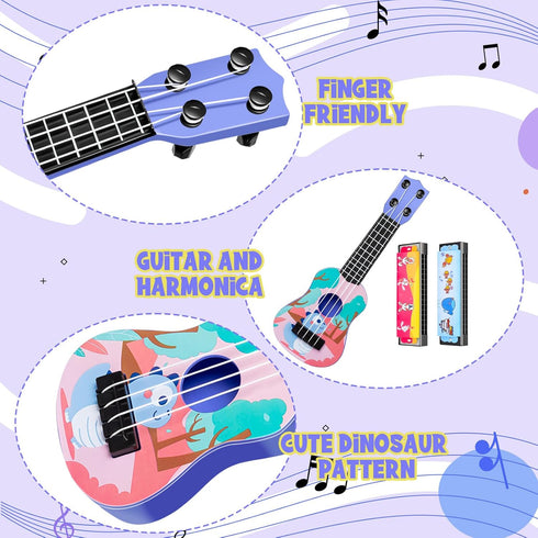 Kids Guitar 10" Musical Toy Guitar, Classical Mini Toddler Ukulele with 2 Extra Harmonica and 2 Guitar Picks, Dinosaur