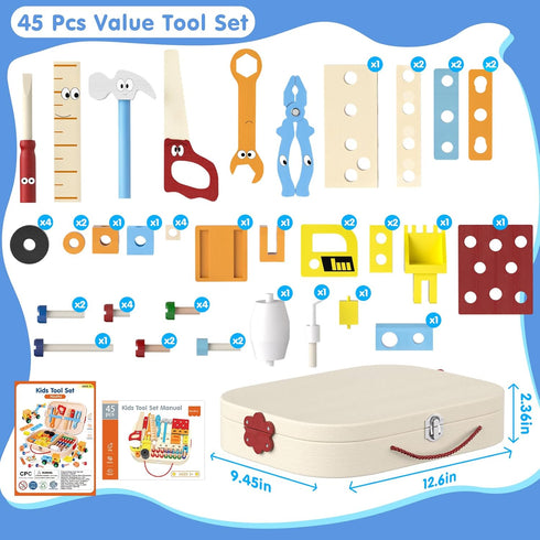 45 Pcs Kids Tool Set, Toddler Tool Box with STEM Construction Educational Toys for Ages 3-7, Wooden Kits
