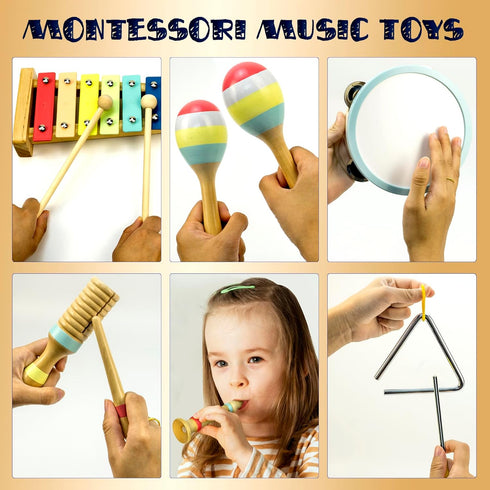 Toddler Musical Instruments Set | Montessori Wooden Music Toys for 1-3 Years | Modern Boho Xylophone with 15 Songbook