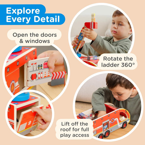 Set 3 2+ Nene Toys Wooden Fire Truck Toy FSC Fire Engine with Rotating Ladder, Magnetic Hose, Hydrant, Firefighters