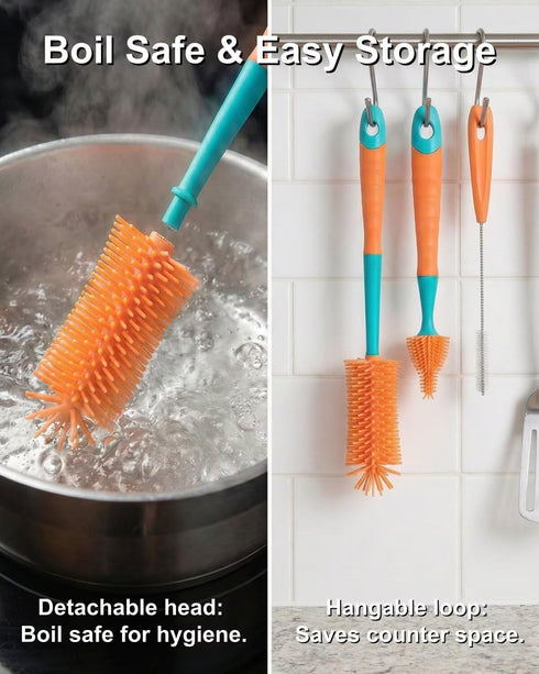 cicike Set (3-in-1) Silicone Baby Bottle Brush - Water Bottle Cleaner with Nipple & Straw Brush - BPA Free, Detachable