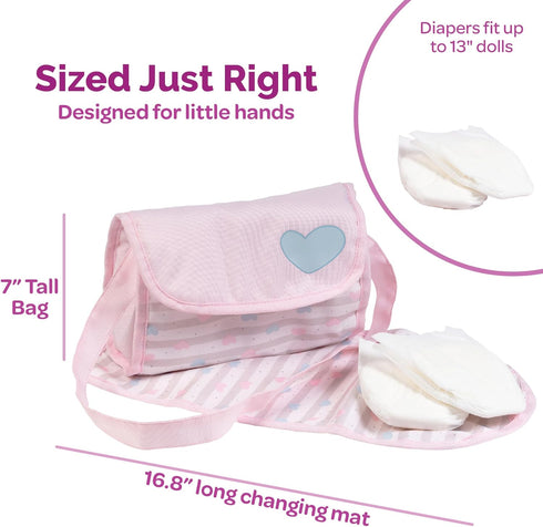2 13" 3+ Adora Baby Doll Diaper Bag with Sturdy Straps, Includes Changing Mat and Doll Diapers (Fits Dolls), Birthday