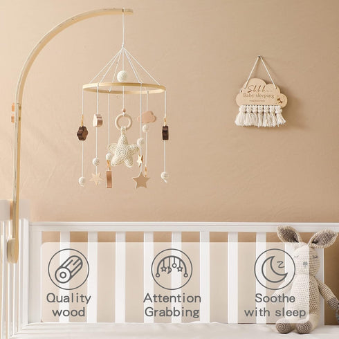 Set let's make Baby Crib Mobile with Arm Boho Star Moon Nursery Mobile Wooden Baby Mobile Holder for Hanging Nursery