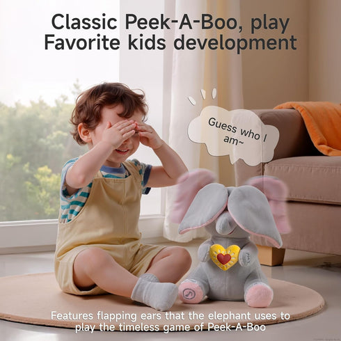 eJog Pup Peek a Boo Elephant Toy, Interactive Singing Plush Elephant Toy with Flapping Ears and Hearts, Musical Stuffed