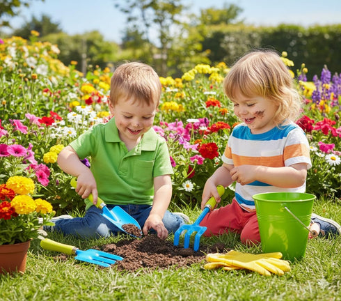 2 Pack Set JustForKids Garden Tool Green & Blue Metal Pails with Mini Shovel, Rake & Cultivator, Wooden Handles Outdoor