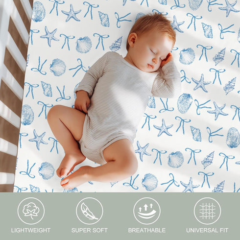 Summer 52x28In 2 Pack Conches Bows Sea Baby Crib Sheets for Boy Girl Ocean Seashells Beach Soft Snug Fitted Crib