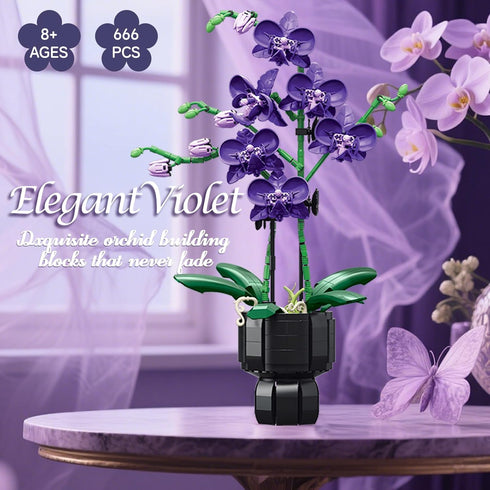 NERCISU Sets 8-12+ (666 Orchid Flowers Building with Vase, Purple Orchid Botanicals Collection Building Toys for Home