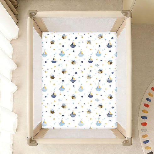 miaozhen 1 Pack 52x28 Cotton Baby Crib Sheets Soft Breathable Funny Ocean Bee White Children Crib Sheet for Nursery