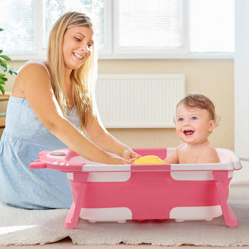 0-36 Baby Bathtub,Collapsible Baby Bath Tub with Thermometer & Soft Floating Cushion,Portable Travel Baby Bathtubs