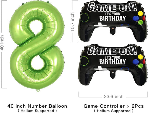 Video Game Party Balloons for Boys 8th Birthday Decorations- 2 Packs Game Controller Mylar Balloons with Green Number Balloons 8