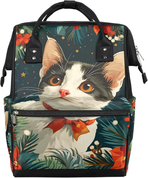 Hsnar Christmas Cat Flowers Waterproof Diaper Bag Backpack Large Capacity Baby Bag with