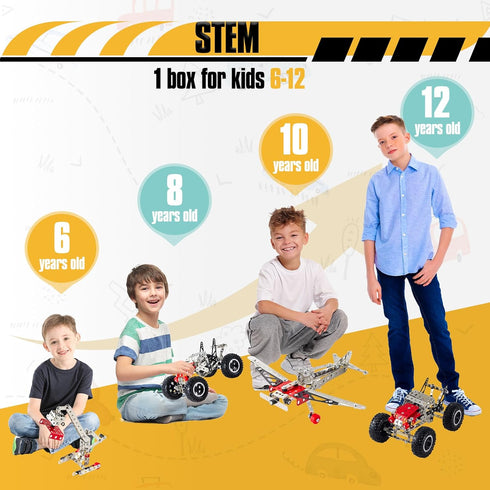 Volico 6-in-1 8-12 5-7, 6-8, 8-10 STEM Kit - Engineering Metal Truck, Airplane and Sports Car Excavator Toy for Boys