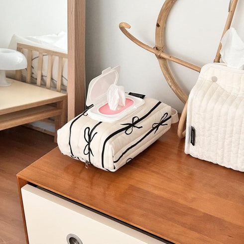 JUNNOTI Travel Friendly Wet Wipe Storage Case Quilted Sturdy Cotton Storage Bag With Fashionable Stripe And Bowknot