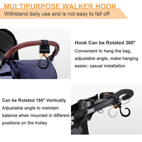 3 Pcs Walker Hook Hanging, 360° Rotation Baby Stroller Wheelchair Hanger Clip for Diaper Bags and Mommy Organizers