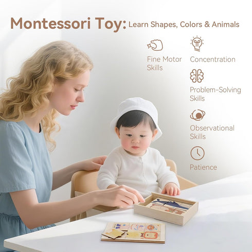 3+, Wooden Animal & Career Matching Puzzles for Ages Chunky Pieces with Storage Box, Montessori Preschool Learning Toy