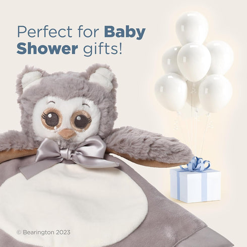 Bearington Collection Owl Plush Stuffed Animal Security Blanket Lovey - 15 in Gray Satin Trim for Newborns & Infants