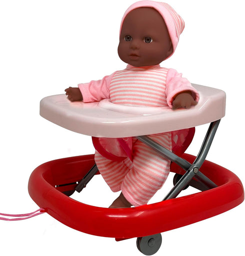 Baby Doll Set with 12” Fake Baby & Foldable Pull Along Walker, Soft Doll Accessories for Toddlers 3+