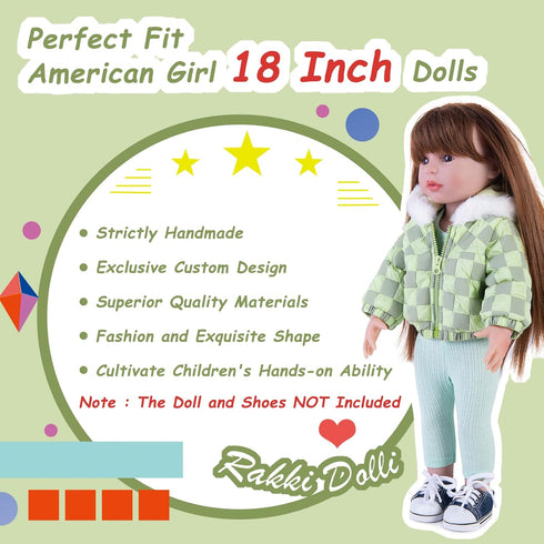 Doll Clothes 3 Pc. Set - Light Green Grey Plaid Hooded Thick Coat, Checkerboard Jacket, Warm Outfit for 18" Dolls