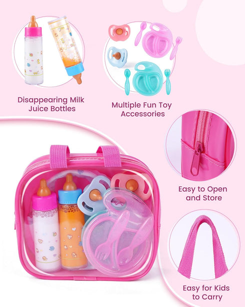 13 Set Set BABESIDE Pcs Baby Doll Accessories with Magic Bottles Diapers Pacifiers and Storage Bag, Baby Doll Feeding