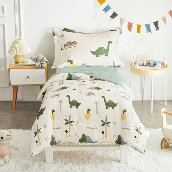 Joyreap 4 Piece Dinosaur Toddler Bedding Set, Cotton Toddler Comforter Sheet Set, Green