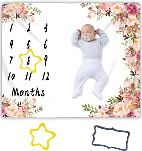 Baby Milestone Blanket, Floral Print Large Blanket for Girls and Boys, Newborn Photography, 48x40inch BTZZME177