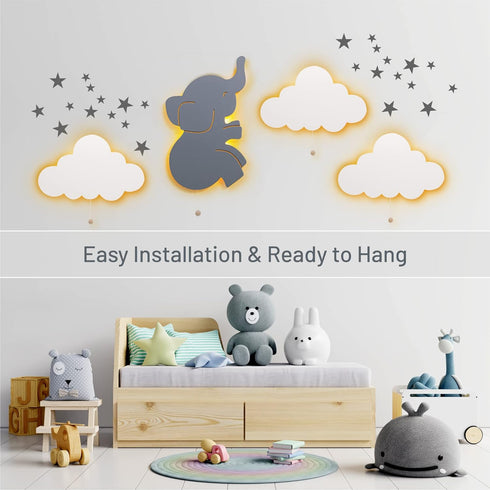 Lumipets Lighted Elephant, Nursery Night Light, Wall Mounted Lighted, Battery Operated Cloud Light SignLightweight
