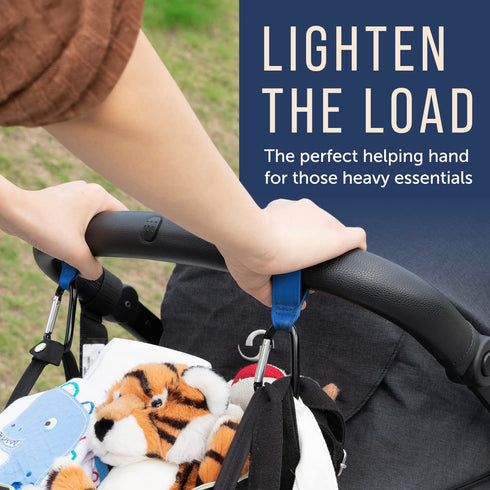Pack 2, Maplefield Stroller Accessory Hooks - of Blue - Secure Hook & Loop Straps & Clip Holders - Carabiner Clip