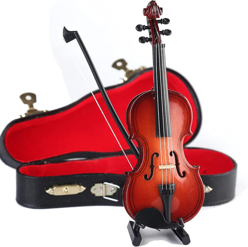 Dselvgvu Wooden Miniature Violin with Stand, Bow & Case - Mini Musical Instrument Dollhouse Model Decoration
