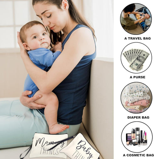 Mommy Set, 2 & Baby Bag - Canvas Zipper Pouch New Mom Essentials, Postpartum Travel Toiletry Bag for Baby, PCS