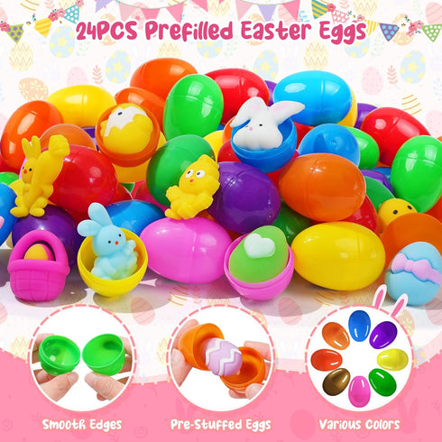 EUOCENK 24PCS Prefilled Easter Eggs with Mochi Squishy Toys, Pre-Stuffed Eggs with Easter Squishies for Kids, Toddlers