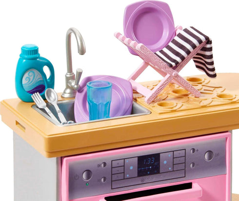 Barbie Furniture & Accessories Set, 10+ Pieces for Kitchen, Includes Dishwasher with Working Door & Sliding Rack