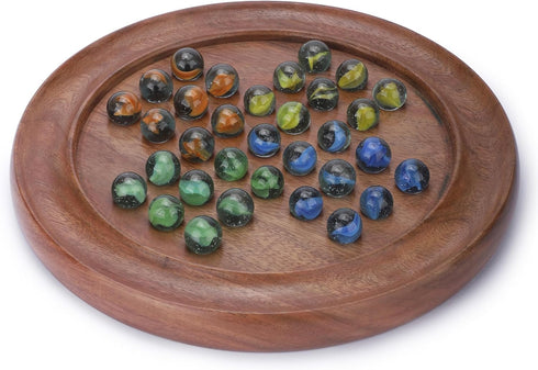33 7 12x12 Inch Ajuny Wooden Solitaire Board Game Handcrafted Round Peg Puzzle with Marbles + Extra, Strategy Game