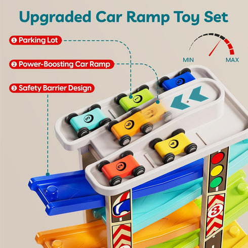 1-3 6 1 1 TOP Bright Wooden Race Track Car Ramp Toys for Toddlers Years Old with Mini Cars, Car Garage & Extra Bridges