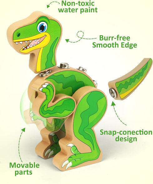 Playset, 3 4 5 Coogam Build Your Own Dinosaurs Toy, Snap Together Building Dinosaurs Wooden STEM Take Apart Dinosaur