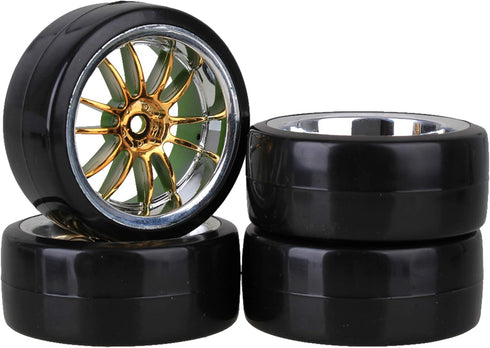 Mxfans 4PCS RC1/10 On Road Car Drift Tires & Plastic Plating Golden 12-Spoke Wheel Rims