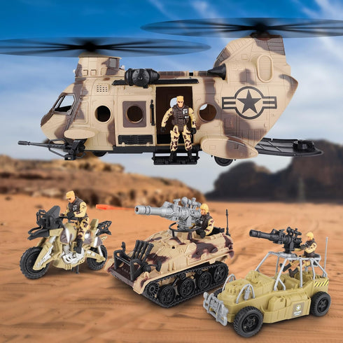 Set Playset, deAO Military Helicopter Toys Army Men Army Toys with Soldier Action Figures, Combat Truck, Motorcycle