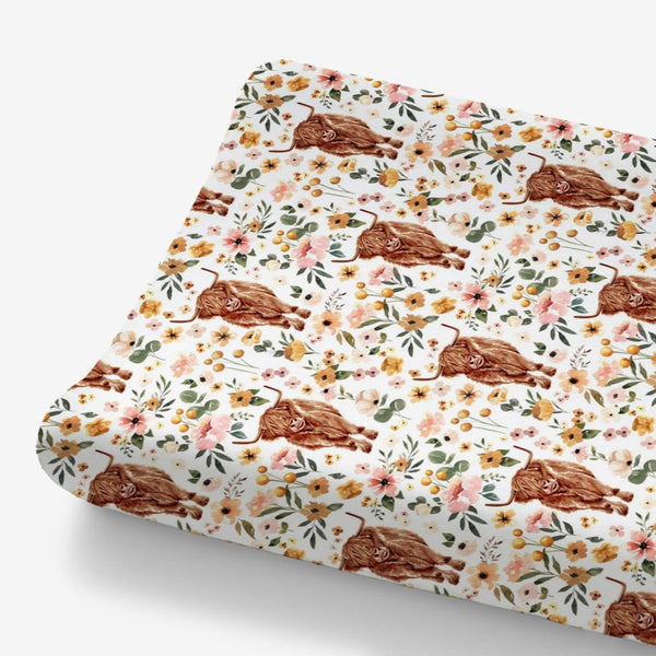 Highland Cow Boho Floral Changing Pad Cover for Baby Girls, Soft Stretchy Fitted Diaper Change Table Covers 32"/34" x